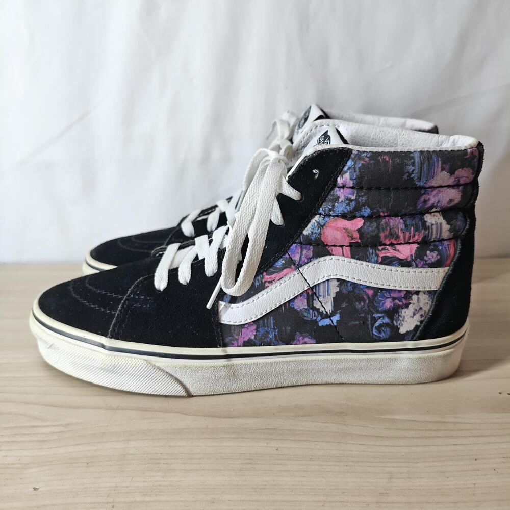 Vans Sk8-Hi Shoes Mens Size 7.5 Black Floral Suede High Top Skate Sneakers